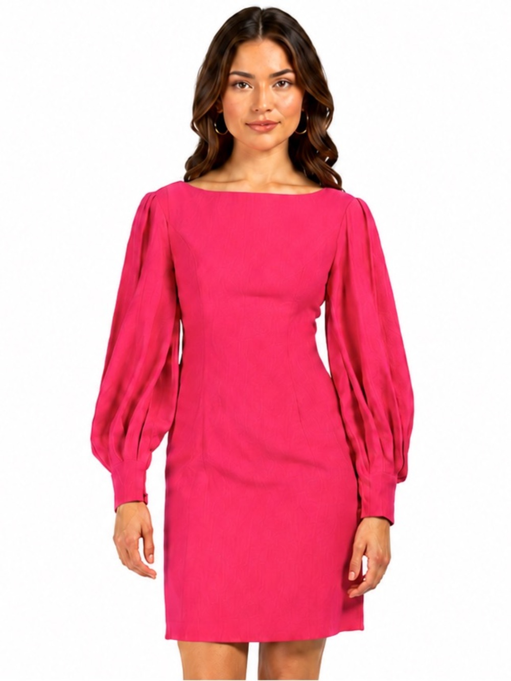 Trina Turk Hiya Bishop Sleeve Jacquard Mini Dress Dragon Fruit Pink Size 6